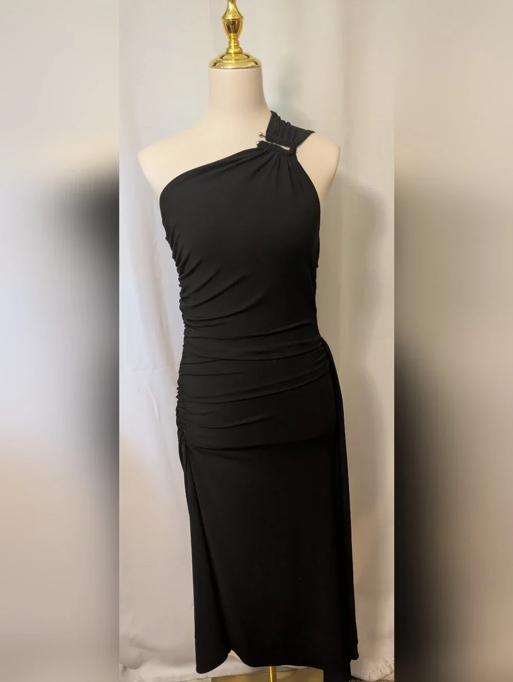 Michael Kors One-Shoulder Black Ruched Gown with Shoulder Hardware